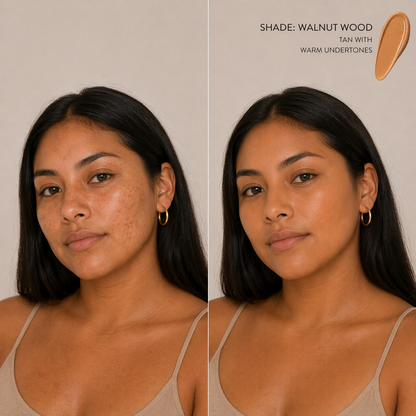 Side-by-side comparison of a woman with a tan skin tone and a swatch labeled 'Walnut Wood' on a beige background.